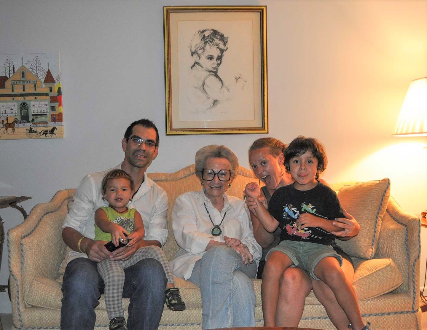 This photo was taken by Aunt Marcia Shuman. Her granddaughter (my cousin Andrea, pictured here with partner Warren, Marcia  and the great-grandchildren) recently interviewed her grandmother via an online organization called “Archive Storycorps” to get clarity on family relationships and some personal commentary on a long life.